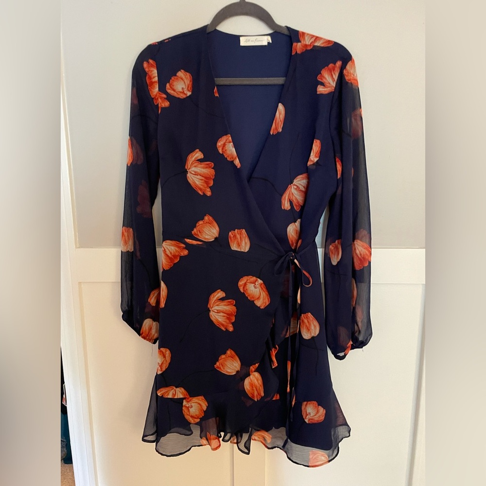 All in Favor Navy Wrap Dress with Red Flowers